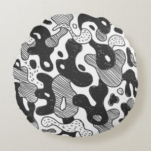 Coussins Ronds camouflage abstrait style doodé, noir