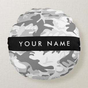 Coussins Ronds Camouflage gris neige d'hiver Votre nom Personnali