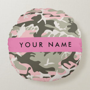 Coussins Ronds Camouflage rose et vert Votre nom Personnalisez