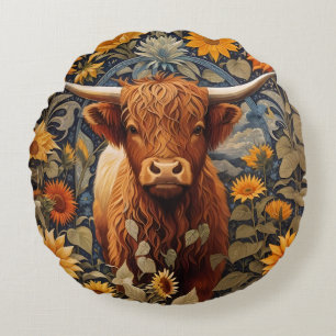Coussins Ronds Campagne rustique Highland Cow Sunflowers