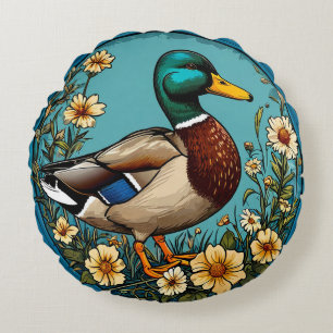 Coussins Ronds Canard colvert avec scène d'harmonie florale