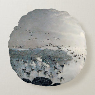 Coussins Ronds Canards, colverts et cygnes sur le lac au coucher 