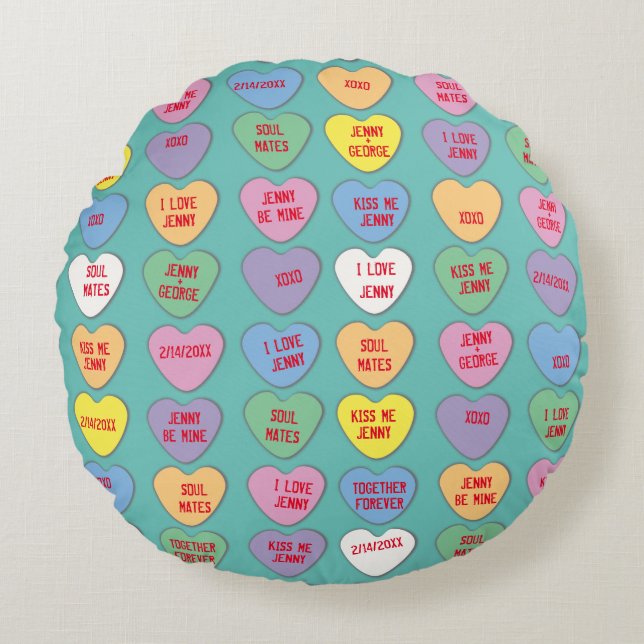 Coussins Ronds Candy Hearts messages personnalisés Valentine (Devant)