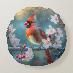 Coussins Ronds Cardinal mâle au clair de lune Cerisiers en fleurs