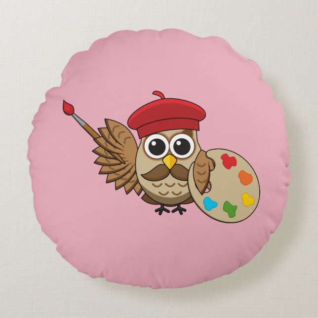 Coussins Ronds Caricature de Chouette Peintre Cute (Devant)
