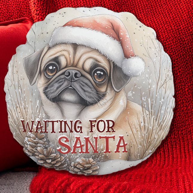 Coussins Ronds Carlin Chien En Attente De L'Aquarelle De Noël Pèr (Pug Dog Waiting For Santa Christmas Watercolor Custom Round Pillow; personalize the message)