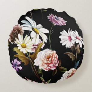 Coussins Ronds Carnation, fleurs de camomille, motif noir.