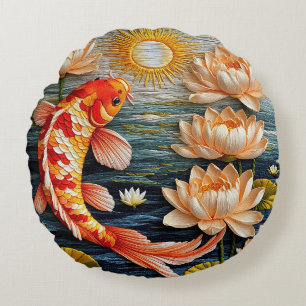 Coussins Ronds Carpe Koï Entourée de Fleurs de Lotus