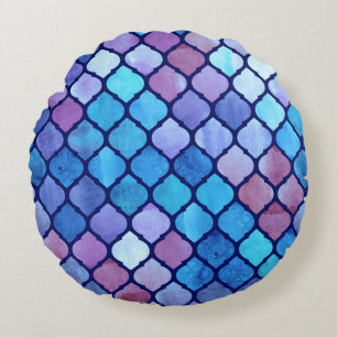 Coussins Ronds Carreaux arabes géométriques abstraits à l'aquarel