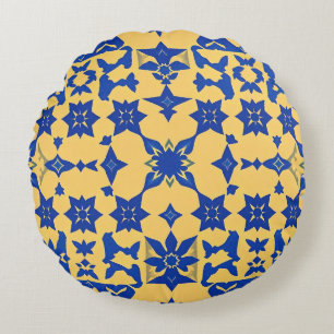 Coussins Ronds Carreaux de motif azulejo bleu doré des Caraïbes