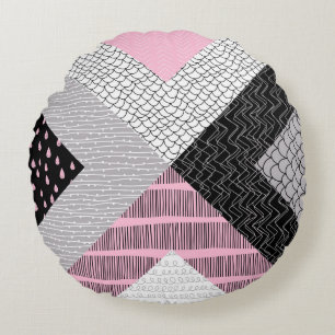Coussins Ronds Carreaux de patchwork, motif de dessin main libre.