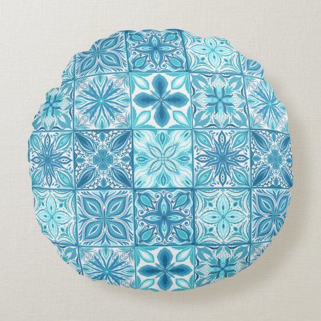 Coussins Ronds Carreaux décorés en bleu et blanc (Devant)
