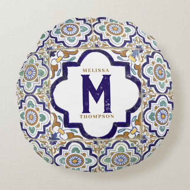 Coussins Ronds Carreaux d'ornement vintages Monogramme (Devant)