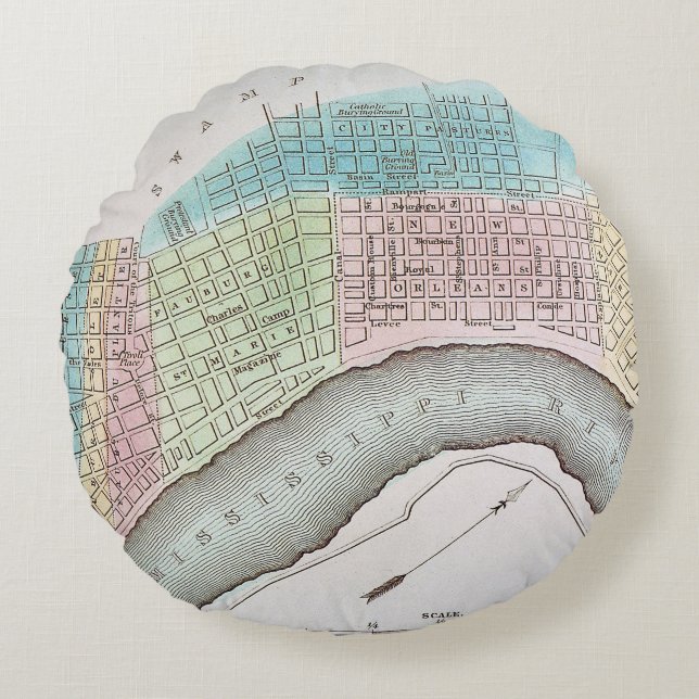 Coussins Ronds Carte de la Nouvelle-Orléans, 1837 (Devant)