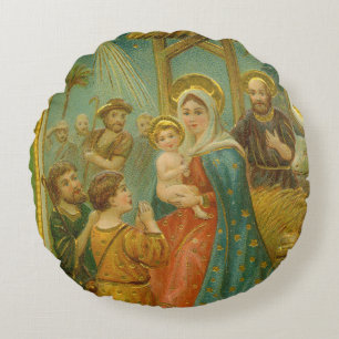 Coussins Ronds Carte de Noël de la Nativité de l'ère édouardienne