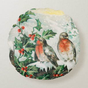 Coussins Ronds Carte de Noël vintage avec rouges-gorges, houx, ég