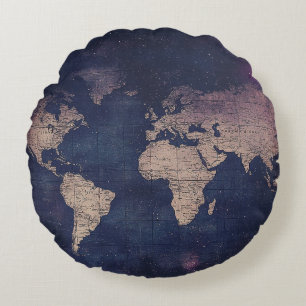 Coussins Ronds Carte vintage du monde céleste pourpre (5)