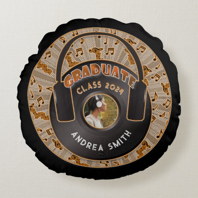 Coussins Ronds Casque de disque vinyle Moderne Rétro Musical Grad (Devant)