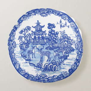 Coussins Ronds Casserole de cerfs de saule bleu Pagode antique Ph
