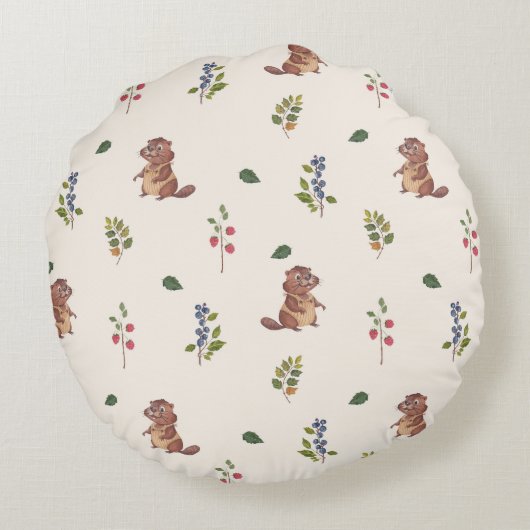 Coussins Ronds Castor adorable et baies de forêt Jeter l'oreiller (Dos)