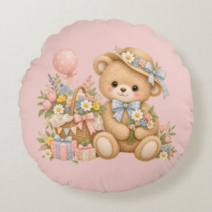 Coussins Ronds Célébration de nounours vintage avec des fleurs sa
