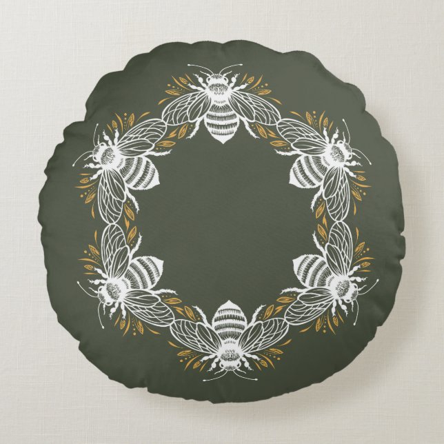 Coussins Ronds Cercle d'abeilles vert olive (Devant)