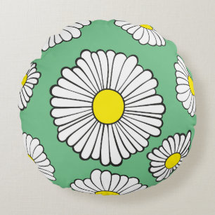 Coussins Ronds Cercle de pâquerettes sur fond vert