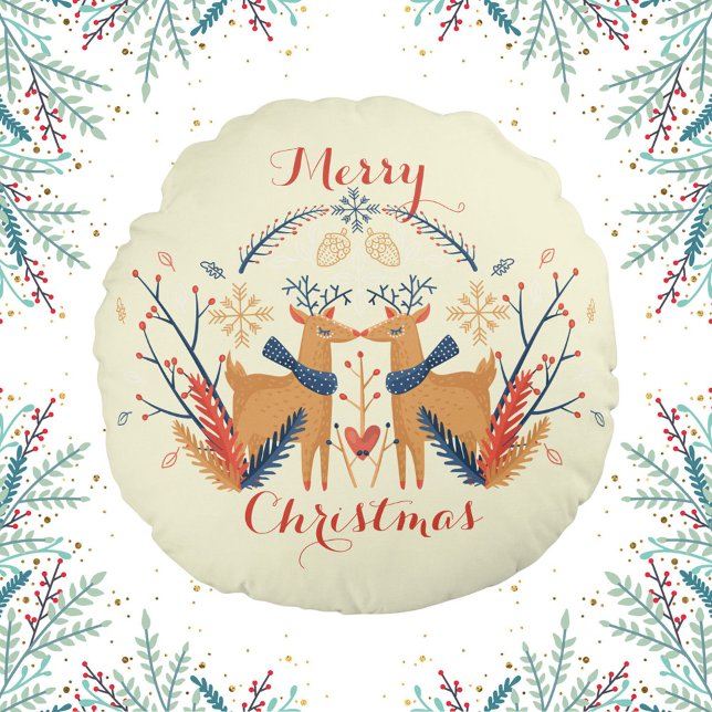 Coussins Ronds Cerf scandinave Nordic Merry Design de Noël (Scandinavian Folk Woodland Deer Cream Round Pillow)
