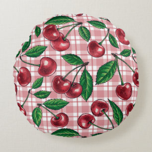 Coussins Ronds Cerises rouges sur en vichy rose