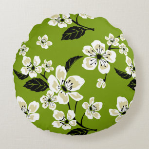 COUSSINS RONDS CERISIER EN FLEURS - MOTIF SAKURA EN VERT MATCHA