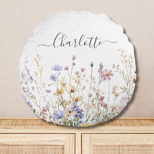 Coussins Ronds Champ de Fleur Sauvage Rustique Joliment Aquarelli