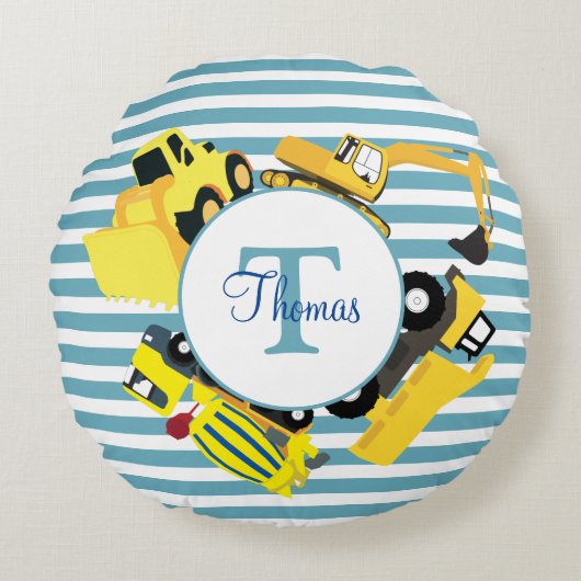 Coussins Ronds Chariots de construction Bleu rayures Monogramme (Devant)
