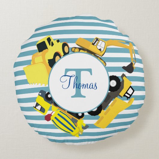 Coussins Ronds Chariots de construction Bleu rayures Monogramme (Dos)