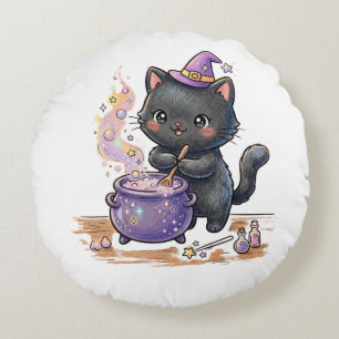 Coussins Ronds Charmante Sorcière Le Chat Noir Brasse une Potion