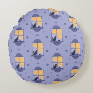 Coussins Ronds Chat à la fenêtre motif lavande