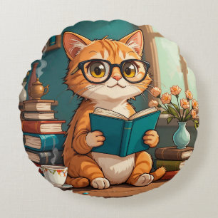Coussins Ronds Chat adorable portant des lunettes lisant un livre