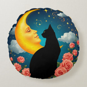 Coussins Ronds Chat assis devant la lune avec des roses et un cie