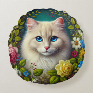 Coussins Ronds Chat Blanc Avec Des Yeux Bleus
