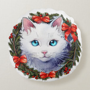 Coussins Ronds Chat blanc dans la peinture aquarelle de la couron