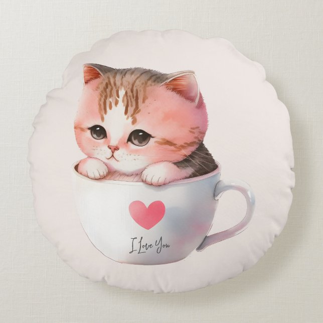 Coussins Ronds Chat blanc-rose mignonne dans une tasse de thé (2) (Devant)