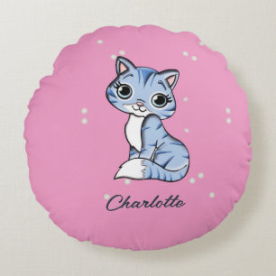Coussins Ronds Chat bleu mignon sur nom personnalisé rose