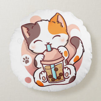 Coussins Ronds Chat Boba Tea Bubble Tea Anime Kawaii Neko pour fi