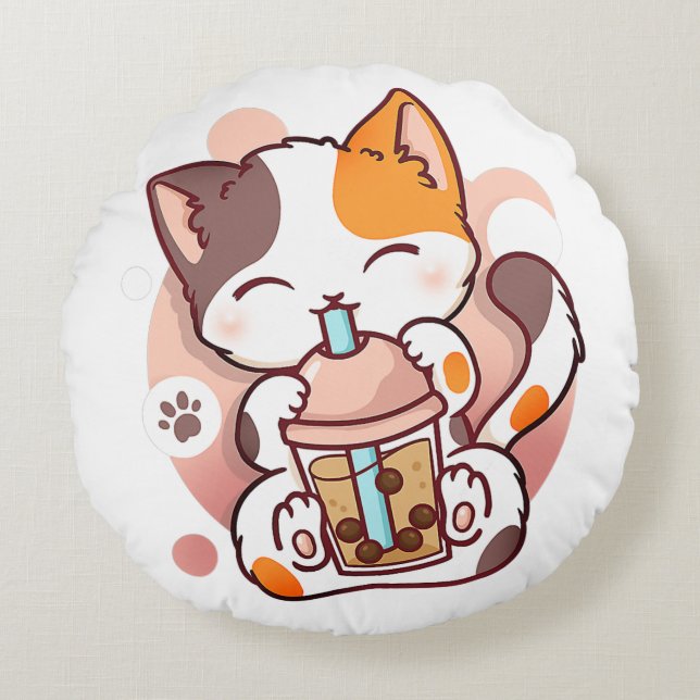 Coussins Ronds Chat Boba Tea Bubble Tea Anime Kawaii Neko pour fi (Devant)