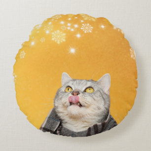 Coussins Ronds Chat Capture Snowflakes Hiver Tour Jeu d'oreiller