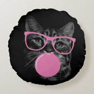 Coussins Ronds Chat cool avec lunettes roses et gomme à bulles