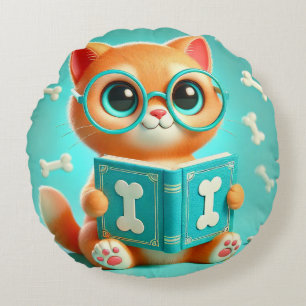 Coussins Ronds Chat de dessin animé adorable lisant un livre
