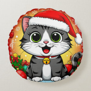 Coussins Ronds Chat de dessin animé en chapeau de Père Noël avec