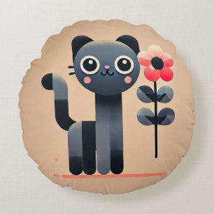 Coussins Ronds Chat de dessin animé mignon avec fleur Style d'ani