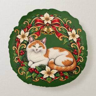 Coussins Ronds Chat de Noël Art Nouveau avec couronne de houx