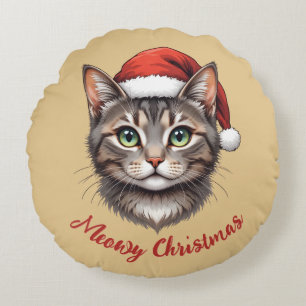 Coussins Ronds Chat de Noël mignon personnalisé avec chapeau de P